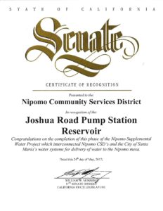 Certificate of Recognition for the Joshua Road Pump Station Reservoir